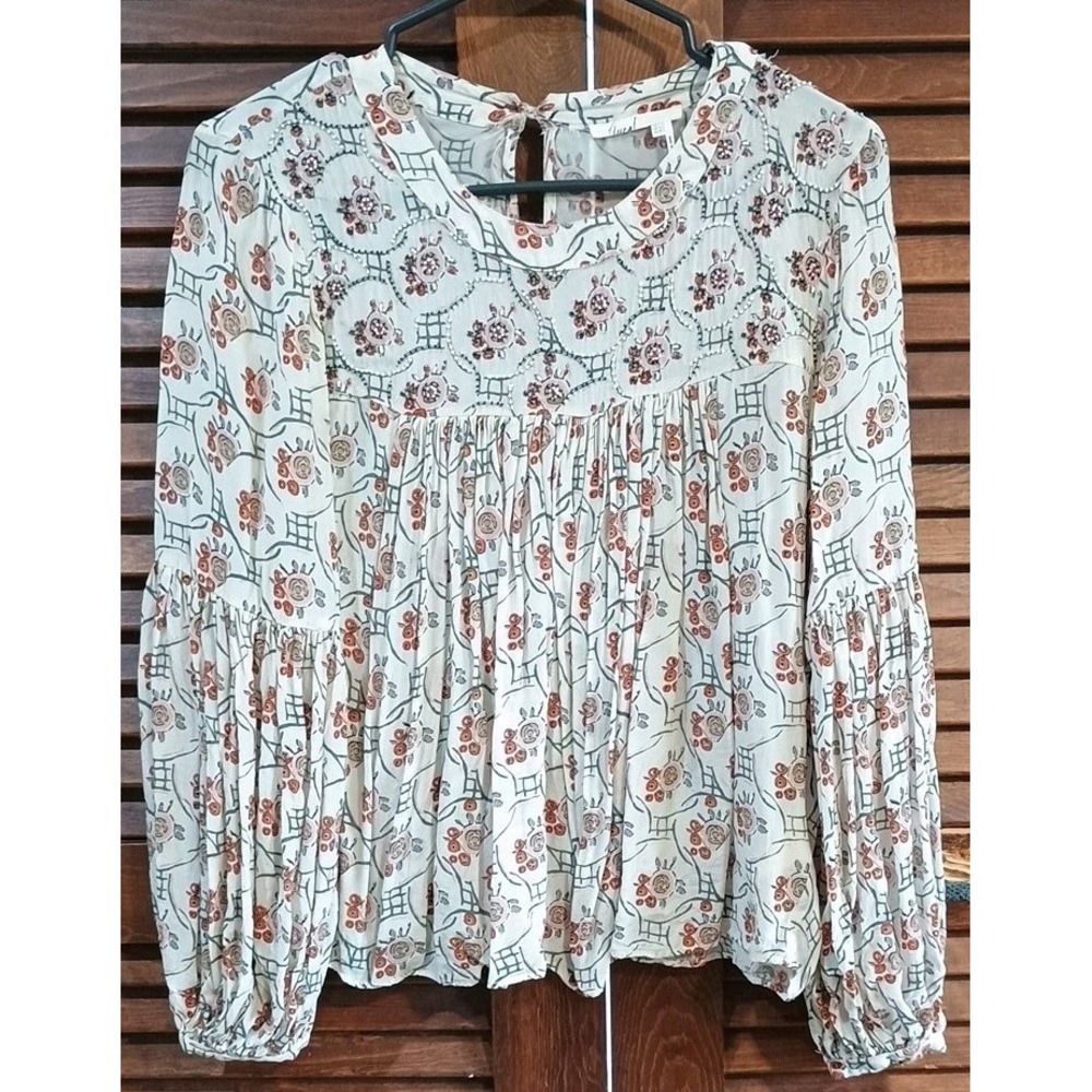 Anthropologie Floreat Beaded Floral Peasant Blouse Size 6 Cream Orange Boho
